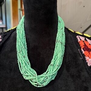 Mint Green Beaded multi strand Necklace with small dark beads